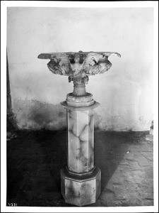 Close-up of the baptismal font at Mission Carmel, Monterey, ca.1907