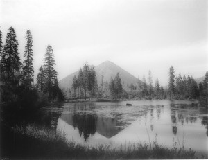 Panoramic view of Black Butte overlooking a lake, Siskiyou County, California, ca.1900-1950