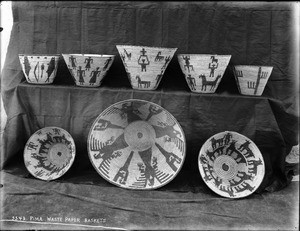 Collection of Pima Indian baskets (waste baskets), ca.1900