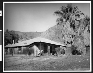 Exterior view of the side of an adobe ranch house near palm trees in Pole Canyon near Fillmore, ca.1900