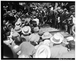 "Wedding of the rails", showing men holding their hats in the air, 1926