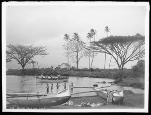 Boys bathing and boats in bay at Waiakea near Hilo, Hawaii