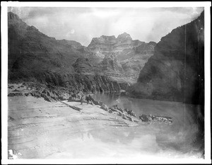 Looking east at the Bass Trail landing on the north side of the Colorado River from Bass Ferry, Grand Canyon, 1900-1930