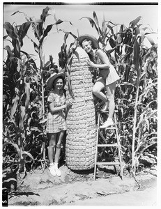 Two young women next to a giant ear of corn, Pomona County Fair, 1936