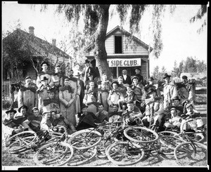 East Side Cycling Club Team at a race at Agricultural Park, Los Angeles, ca.1896