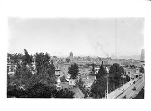 Panoramic view of Los Angeles showing the residence of ex-Governor Downey on Main Street north from Fourth Street, ca.1887