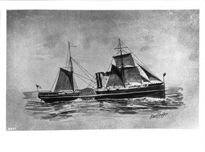 Half-tone print of a painting by Routledge of the California, a side wheel steamer, the first American steamship to round the Horn, ca.1850