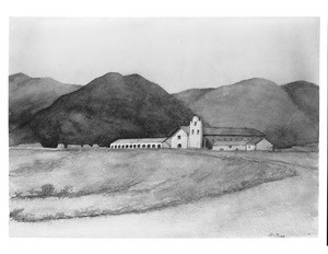 Painting depicting the exterior of the Mission Santa Ynez, ca.1900