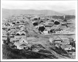 Birdseye view of Sonora Town looking north along Broadway, Los Angeles, ca.1875