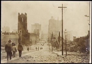 San Francisco earthquake damage, showing people walking amidst the rubble, 1906