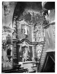 Interior side altar at Mission San Xavier del Bac, Tucson, Arizona, ca.1900