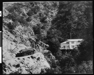 Photograph of Rubio Pavilion on Mount Lowe Railway, showing railway car, 1905