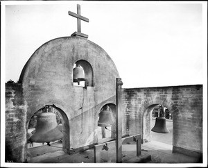 View inside the belfry of the Los Angeles Plaza Mission Church and the bells cast by Paul Revere's apprentice George Hollbrook