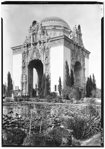 Monument at Valhalla Cemetery shown from across an artificial pond, Burbank, November 1929