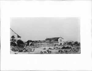 Drawing by Edward Vischer depicting the Mission San Juan Bautista and the Corpus Cristi Procession, ca.1862