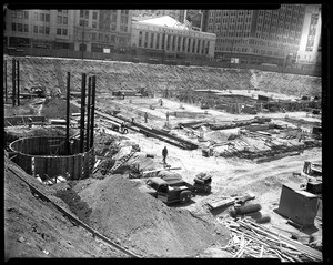 View of the construction of City Garage in Pershing Square, Los Angeles, 1951