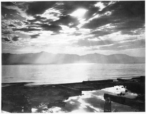 View of the Salton Sea at sunset, Riverside County, southern California, ca.1900-1930