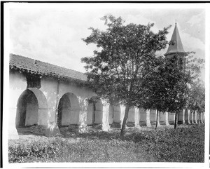 Exterior view of the Mission San Juan Bautista's monks' quarters, ca.1900