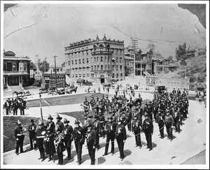 San Francisco Fire Department on parade at Temple Street and Grand Avenue, San Francisco (Los Angeles?), 1860-1910