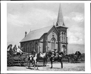 Exterior view of the First Congregational Church in Santa Barbara, 1875