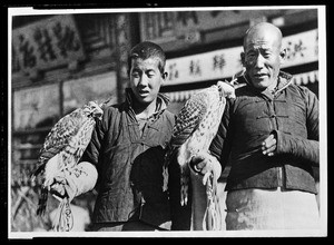 Two falconers and their falcons