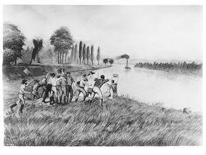 Lithograph depicting Sacremento miners celebrating the arrival of the first supply boat, August 19, 1849