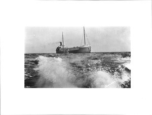 Starboard bow view of the gambling ship Johanna Smith anchored off Long Beach and San Pedro, ca.1931