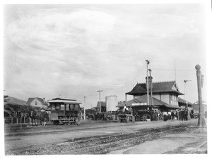 Southern Pacific Railroad Station and horse car in Ventura, ca.1905