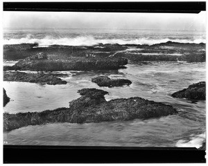 View of surf, rocks and vegetation in La Jolla, ca.1900