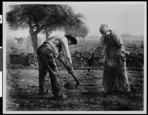 The painting "Planting Potatoes" by Millet, depicting a man and a woman gardening