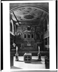 Mission Santa Clara altar showing ceiling painted in cactus juice, ca.1900