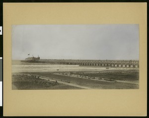 Hand-colored view of the Long Beach pier from the north, ca.1900