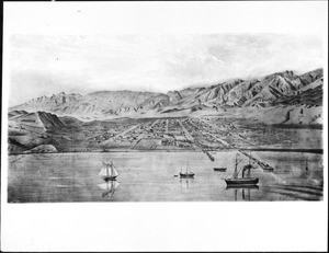 Lithograph drawing showing a panoramic view of Santa Barbara from the bay, ca.1873