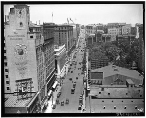 Panoramic view of Los Angeles looking north on Olive towards Pershing Square, ca.1930-1939