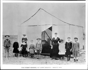 Students and teachers in front of the first school in Long Beach, ca.1882-1884