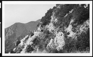 San Antonio Club hikers on a mountain trail, between Mount Lowe and Bear Canyon, ca.1930