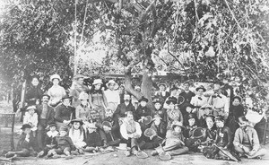 The first tennis meet in 1884 of Southern California Tennis Club at Colonel Purcell's Las Tunas Rancho, July 12, 1884