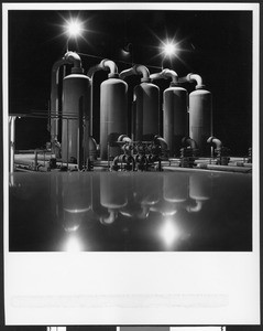 Southern California Gas Company storage tanks at night, ca.1955