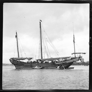 Sailing boat anchored at a harbor in China, ca.1900