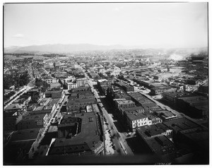 Birdseye view of Los Angeles looking north-east and showing Main Street, ca. 1930