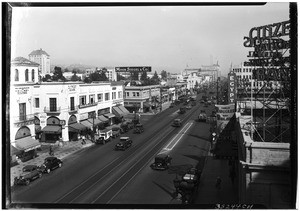 Birdseye view of Hollywood Boulevard, showing a variety of shops, ca.1934