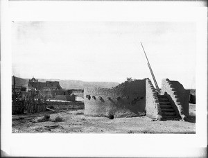 Estufa and church, Pueblo of San Idelfonso (San Ildefonso), New Mexico, 1898