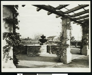 Memory Garden fountain shown from the east Pergola at the Mission San Fernando, ca.1926