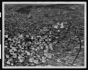 Aerial view of downtown Los Angeles looking north, 1930-1939