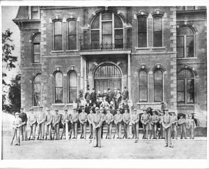 Cadets in front of the Los Angeles Military Academy at Commonwealth Avenue and Second Street, ca.1898