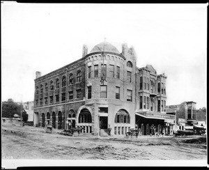 Exterior view of the Los Angeles Times building on the northeast corner of West First Street and Fort Street (later Broadway), ca.1886