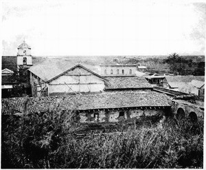 Exterior view of Mission San Buenaventura, from the hills behind the mission, Ventura, California, ca.1873