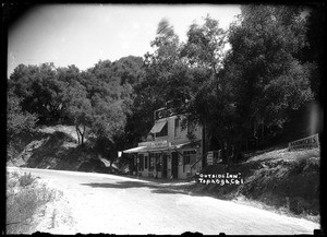 Exterior view of the Outside Inn in Topanga Canyon from the road, ca.1915