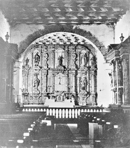 Interior view of the Mission San Francisco De Asis' (Dolores) altar, taken by photographer Edward Vischer, before 1875