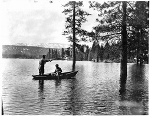 Two men fishing on Big Bear Lake, California, ca.1930